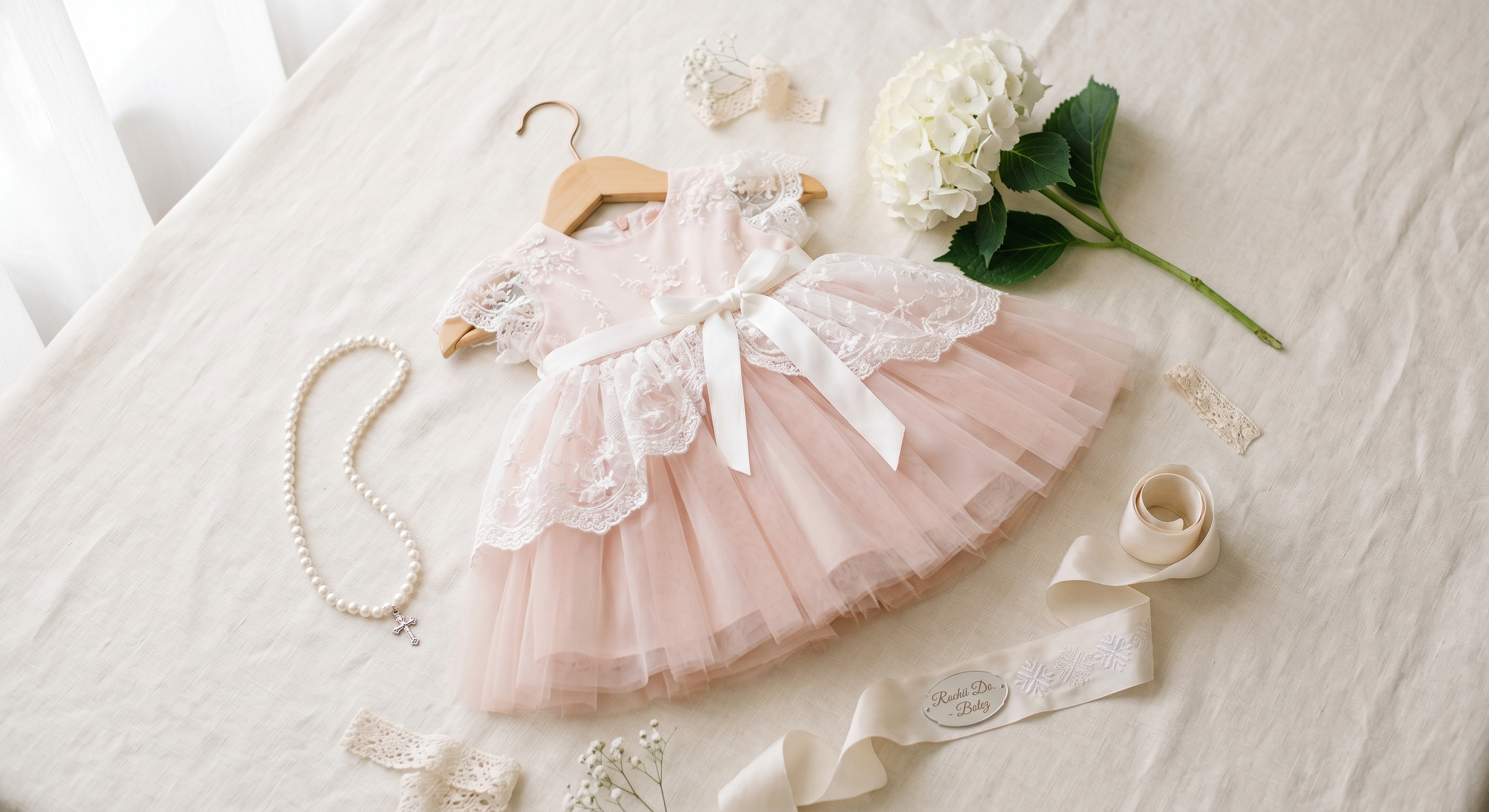 Rochie elegantă de botez, delicată, tonuri pastel și alb