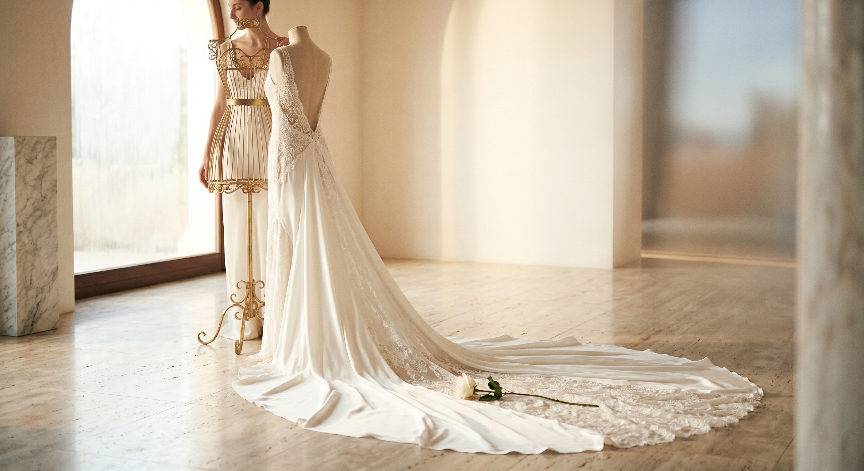 Rochie de mireasă elegantă, studio, fundal neutru